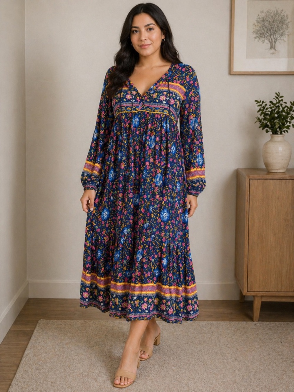 R. Vivimos  Sz L 12/14 US Boho V-Neck Navy Floral Midi Dress with Border Trim